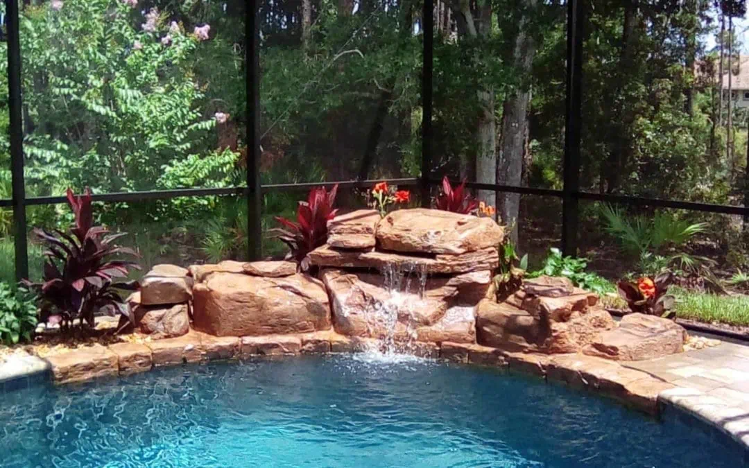 RicoRock Tennessee Ledger Swimming Pool Waterfall in a Wooded Environment